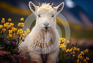 cute white mountain goat among the flowers on top of the rock.