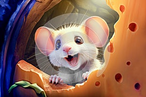 A cute white mouse looks happy out of a cheese hole. Cute mouse in delicious cheese. Adorable white mouse