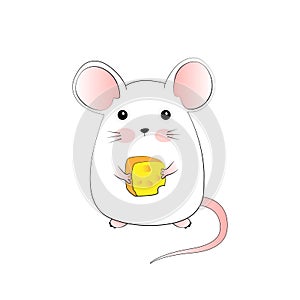 Cute white mouse with a piece of cheese isolated on white background. Vector illustration EPS 10