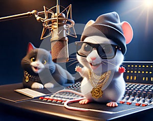 A cute white mouse in a recording studio. It is adorned with rapper-style attire, photo