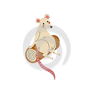 Cute White Mouse Sitting on Log, Rodent Animal Character Having Hiking Adventure Travel or Camping Trip Vector