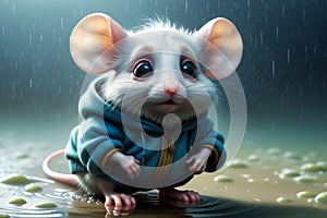 cute white mouse stands in a puddle in the rain and flood