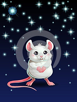 Cute white mouse and star on dark blue