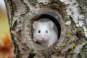 Cute white mouse in the tree hole