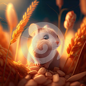 Cute white mouse in wheat field, like in 3D style, ai generation