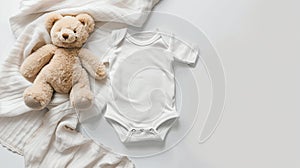 a cute white onesie mock-up set against a pristine white background, adorned with a cuddly teddy bear for added