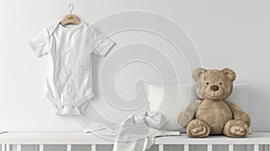 a cute white onesie mock-up set against a pristine white background, adorned with a cuddly teddy bear for added