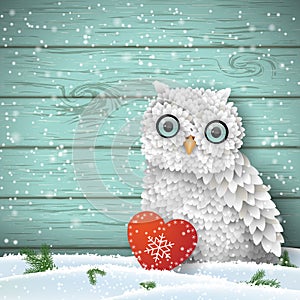 Cute white owl sitting in snow in front of blue wooden wall, winter holiday theme, illustration