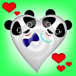 Cute white Panda-Heart on green background, boy and girl