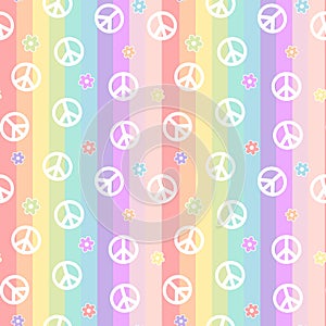 Cute white peace symbol with daisy flowers on rainbow colorful stripes seamless pattern background illustration