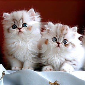 Cute White Persian Cat Kittens on Red Background