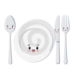 Cute white plate with spoon, knife and fork emoji set isolated on a white background.