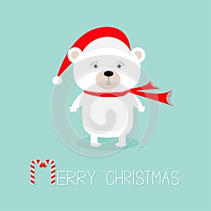 Cute white polar baby bear in santa claus hat and scarf. Candy cane. Merry Christmas Greeting Card. Blue background. Flat design