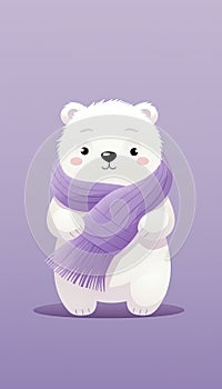 cute white polar bear wearing a purple scarf