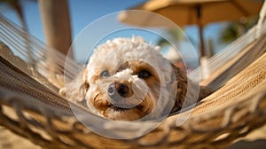 A cute white poodle dog smile and relax in the hammock on the tropical beach in summer, pet and holiday. Generative AI