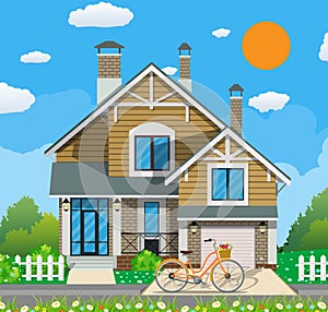 Cute white private house with bicycle