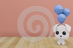 Cute White Puppy With Blue Balloon On Wood Floor & Pink Pastel Background, Lovely Toy for Kid with copy space for minimal idea cre