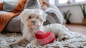 A cute white puppy on plush rug in cozy living room, bathed in sunlight, adoring red heart toy