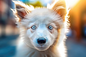 Cute puppy witha a blue eyes looking at camera.AI generated