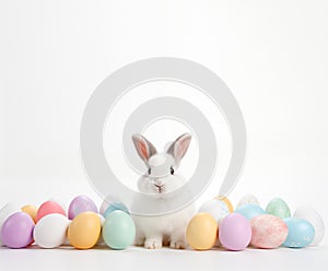 a cute white rabbit with colorful easter eggs on white background