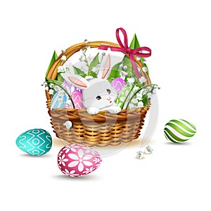 Cute white rabbit in Easter basket with eggs. Vector