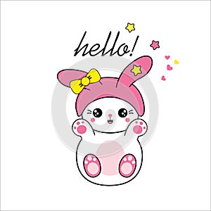 Cute white rabbit with hearts and text Hello! A character in a pink hat with a bow. Print for girls` Clothing, illustration, greet