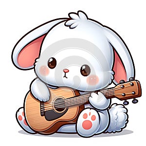 CUTE WHITE RABBIT HOLDING GUITAR WHILE DAYDREAM PRINTABLE DESIGN photo