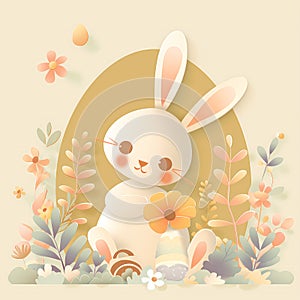 Cute white rabbit with a pastel colorful Easter egg and little spring flowers on a plain beige background. Cartoon graphic style.