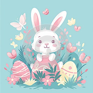 Cute white rabbit with pastel colorful Easter eggs, butterflies and little spring flowers on a plain blue background. Cartoon