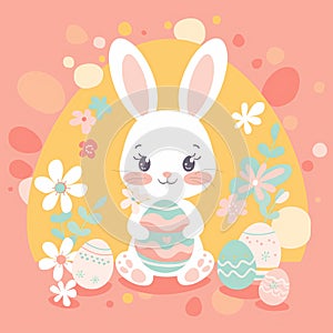 Cute white rabbit with pastel colorful Easter eggs and little spring flowers on a vivid pink and orange background. Cartoon style