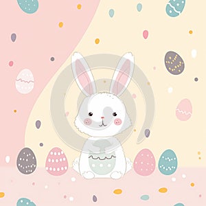 Cute white rabbit with pastel colorful Easter eggs on a pastel pink and yellow background. Cartoon style. Generated AI