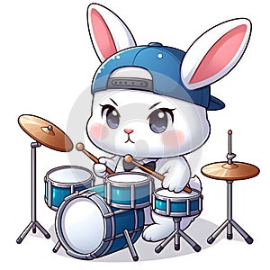CUTE WHITE RABBIT PLAYING DRUM PRINTABLE PRINT photo