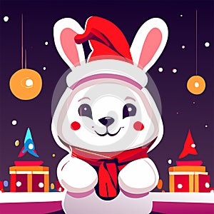 Cute white rabbit in Santa Claus hat on the background of the city. Vector illustration Generative AI