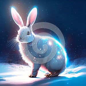 cute white rabbit in the snow at night. 3d rendering AI Generated