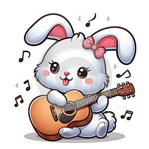 CUTE WHITE RABBIT USING HAIR RIBBON AND PLAY GUITAR PRINTABLE DESIGN photo