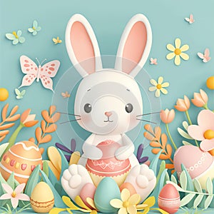 Cute white rabbit with vivid colorful Easter eggs, butterflies and little spring flowers on a pastel blue background. Cartoon