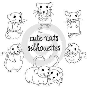 Cute white rats silhouettes, black thin lines animals, isolated characters of chinese zodiac