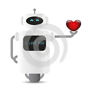 Cute white robot hold a heart in his hand with I love you message