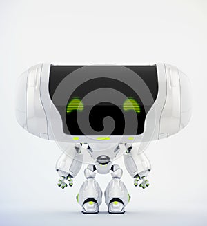 Cute white robot toy with green eyes, 3d rendering