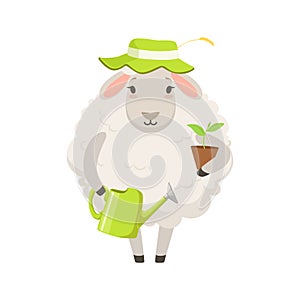 Cute white sheep character wearing green hat holding green watering can and flower pot, funny humanized animal vector