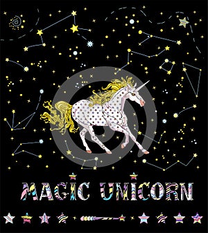 Cute white skittish unicorn on the cosmic background with asterisms. Vector illustration photo