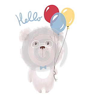 Cute white teddy bear in glasses holds balloons, hello. Funny character for card, birthday, baby shower. Vector