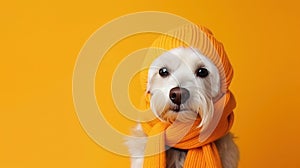 Cute white terrier dog dressed in orange scarf