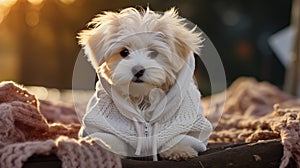 Cute white terrier puppy lying on a knitted blanket, outdoor