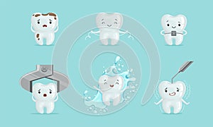 Cute White Tooth Character with Brace and Splashing in Water Vector Set