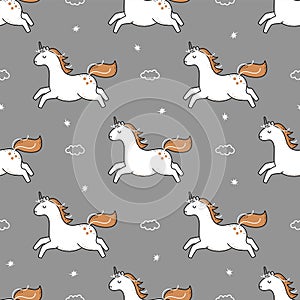 Cute white unicorn in the sky seamless pattern.