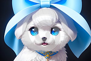 cute white very fluffy puppy with bows and ribbons big kind eyes nice smile digital painting generative ai