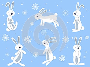 Cute white winter hares set