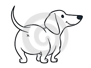 Cute wiener sausage dog  cartoon illustration isolated on white. Simple black and white line drawing of friendly dachshund