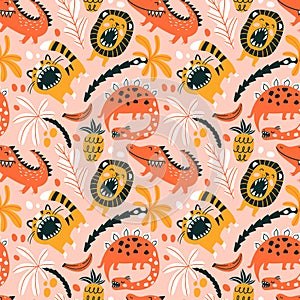 Cute wild animals and dinosaur. Seamless pattern design for kids fabrics and wallpapers. Vector zoo repeat background